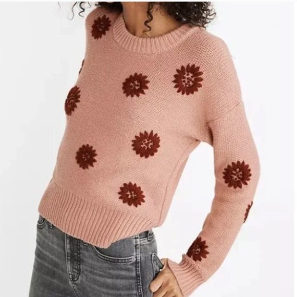 Madewell Sweaters - Madewell Knit Flower Embroidered Pink & Brown Sweater- Size Small